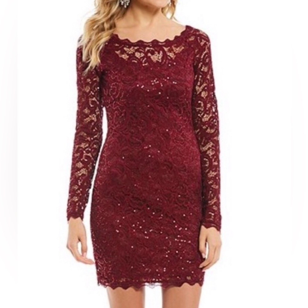 Sequin Hearts dark red long sleeve lace mini dress juniors size m euc